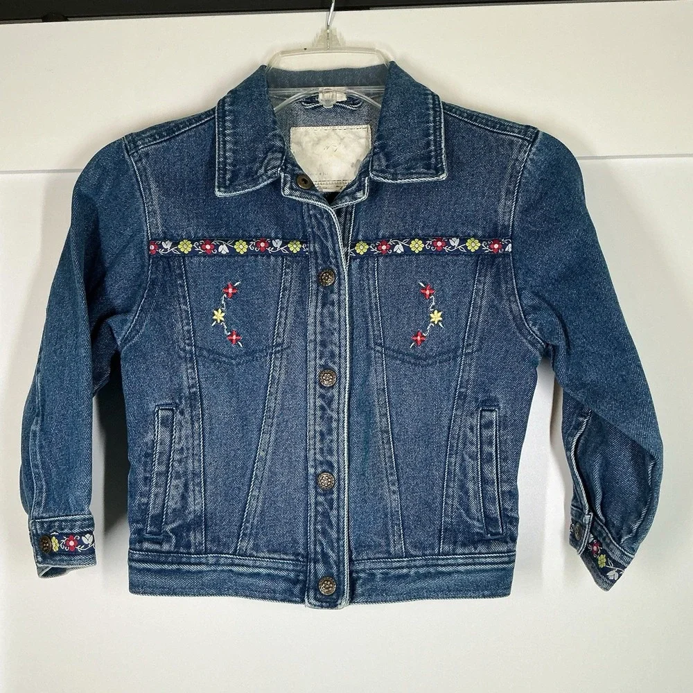 Vintage 90's Kids‎ Girls Denim Jacket Embroidered Floral  Size 5 - 6 Cottagecore
